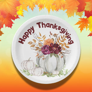 Simple White Pumpkin & Floral Thanksgiving Paper Plate