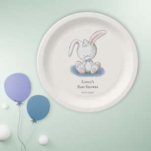 Simple White Rabbit Blue Tie Baby Shower Paper Plate