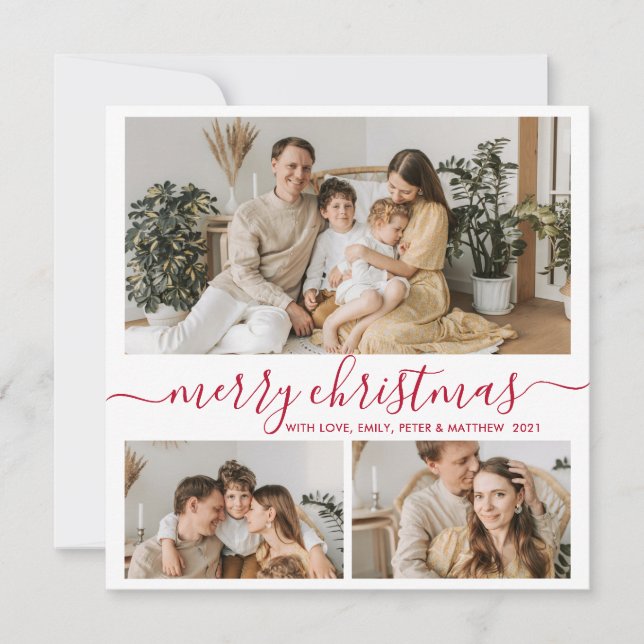 Simple White Red 3 Photo Collage Christmas Holiday Card (Front)