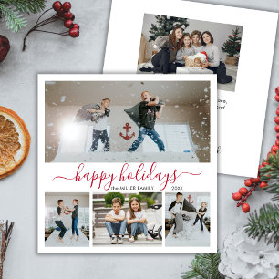 Simple White Red 4 Photo Collage Happy Holiday Card