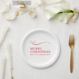 Simple white red modern Merry Christmas Paper Plate