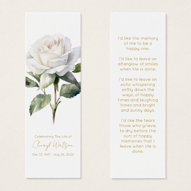 Simple White rose Funeral Memorial Bookmark (Front & Back)