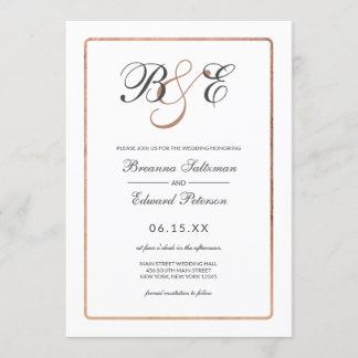 Simple White Rose Gold Border Monogram Wedding Invitation