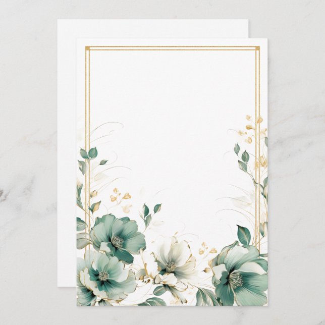 Simple white, sage and gold flowers Blank  Invitation (Front/Back)