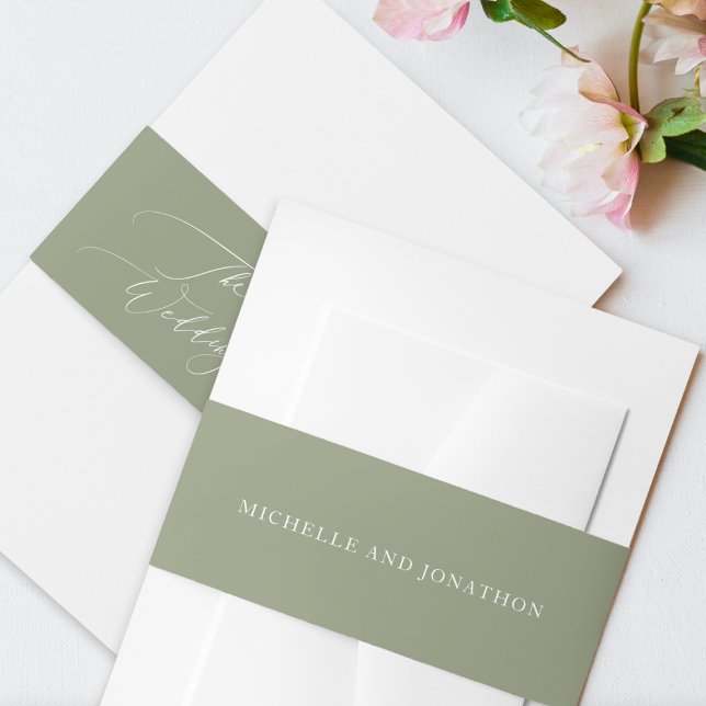 Simple White Sage Modern Calligraphy Wedding  Invitation Belly Band (Creator Uploaded)
