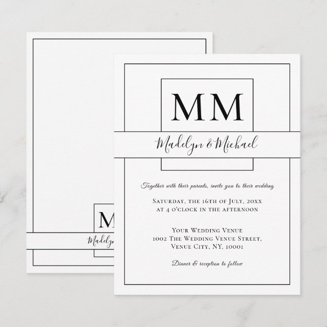 Simple White Script Monogram Wedding Invitation (Front/Back)
