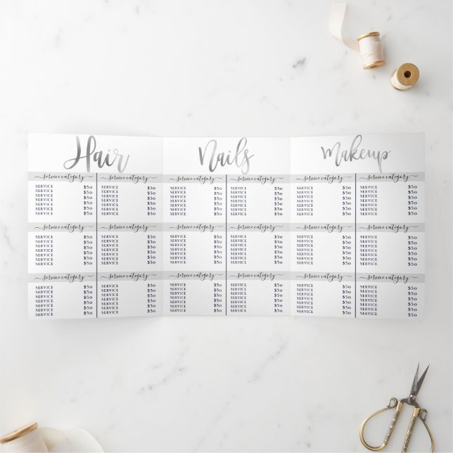 Simple White Silver Salon Spa Price List Tri-Fold Invitation (Inside)