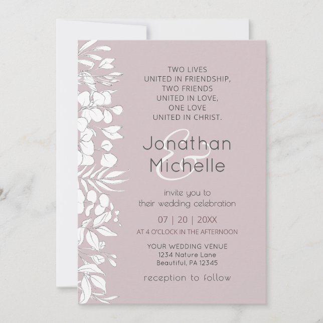 Simple White Sketched Leaves Christian Wedding Invitation (Front)