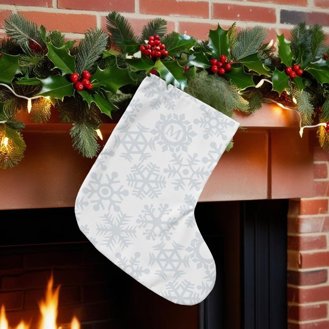 Simple White Snowflake Pattern Monogrammed  Large Christmas Stocking (A white snowflake pattern Christmas stocking with space for your initial)
