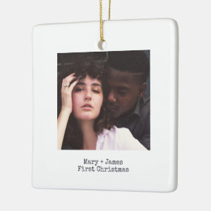 Simple White Squared Love Engaged Wedding Photo Ceramic Ornament