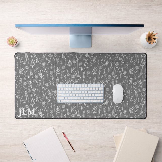 Simple White Twigs on Grey Monogram  Desk Mat (Office 1)