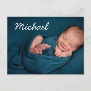 Simple White Typography Baby boy Name Photo Announcement Postcard