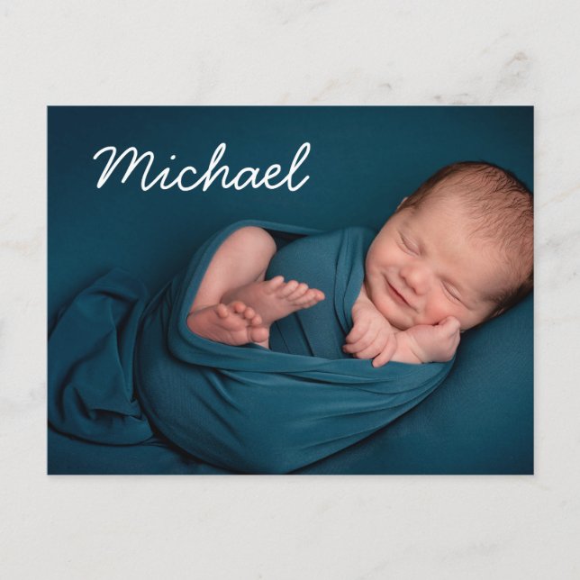 Simple White Typography Baby boy Name Photo   Announcement Postcard (Front)