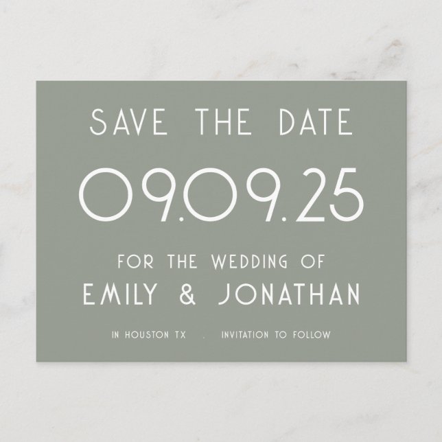 Simple White Typography Sage Green Wedding Announcement Postcard (Front)