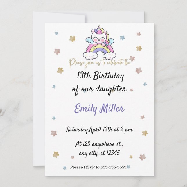 Simple White Unicorn 13th birthday invite (Front)