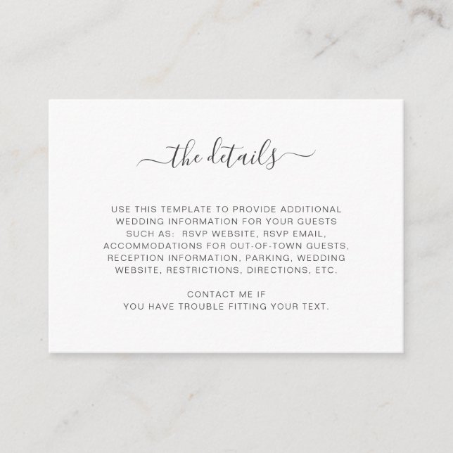 Simple white wedding information details card (Front)