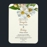Simple White Wild Roses On Ivory Modern Wedding Magnet<br><div class="desc">A great photo of white wild roses with their yellow centres, green leaves and baby buds is placed against a pale ivory background for a stunning wedding invitation with a slight nostalgic feel. The somewhat vintage country suggestion inspired by the roses photograph is updated with current popular fonts for the...</div>