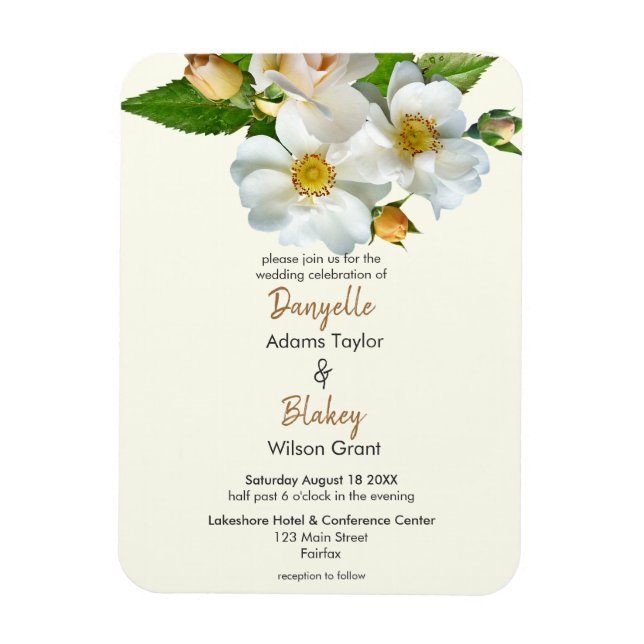 Simple White Wild Roses On Ivory Modern Wedding Magnet (Vertical)
