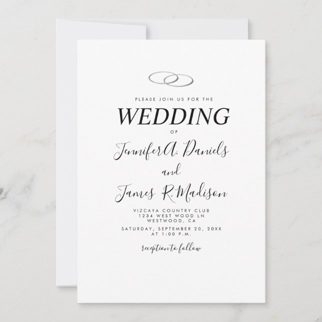 Simple White with Rings Wedding Invitation (Front)