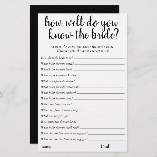 Simple Who Knows the Bride Best | Black Game Card (Front/Back)