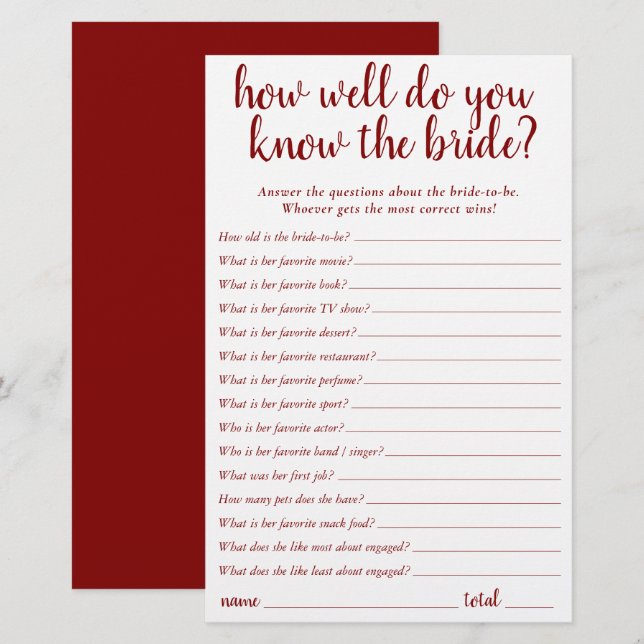 Simple Who Knows the Bride Best | Cherry Red Card (Front/Back)