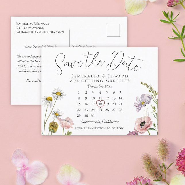 Simple Wild Flower Wedding Calendar Save The Date Announcement Postcard (Creator Uploaded)
