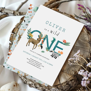 Simple Wild One Rustic Forest Animals 1st Birthday Invitation