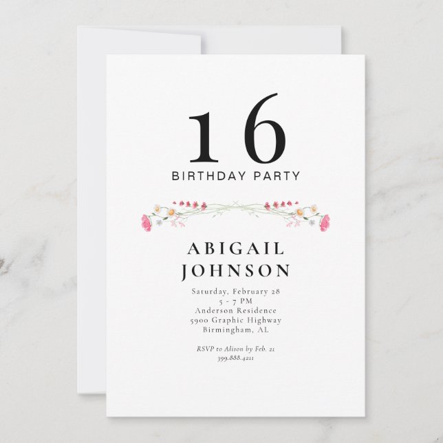 Simple Wildflower 16th Birthday Party  Invitation (Front)