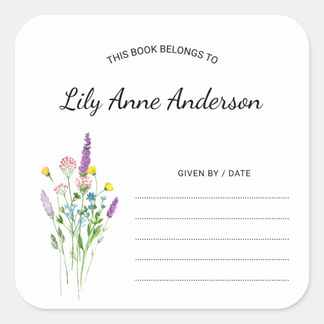 Simple Wildflower Baby Shower Bookplate sticker (Front)