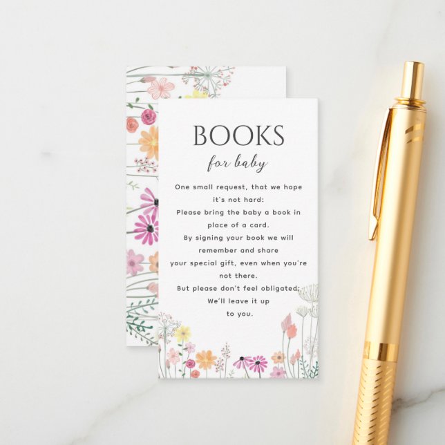 Simple Wildflower Baby Shower Books For Baby Enclosure Card (Front/Back In Situ)