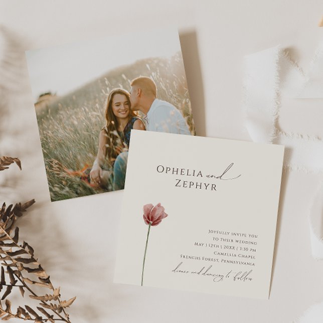 Simple Wildflower | Beige Photo Square Wedding Invitation (Creator Uploaded)