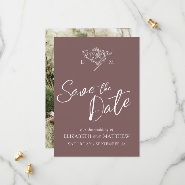 Simple wildflower brown white photo  save the date (Front/Back In Situ)