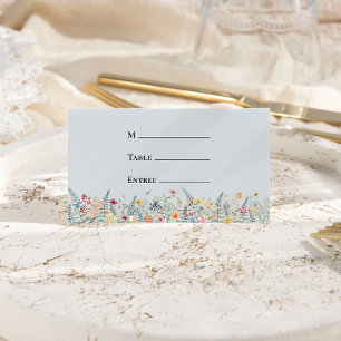 Simple Wildflower Dusty Blue Wedding Entree Folded Place Card