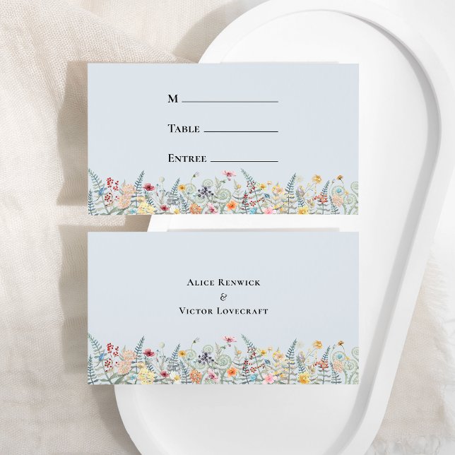 Simple Wildflower Dusty Blue Wedding Menu Flat Place Card (Creator Uploaded)