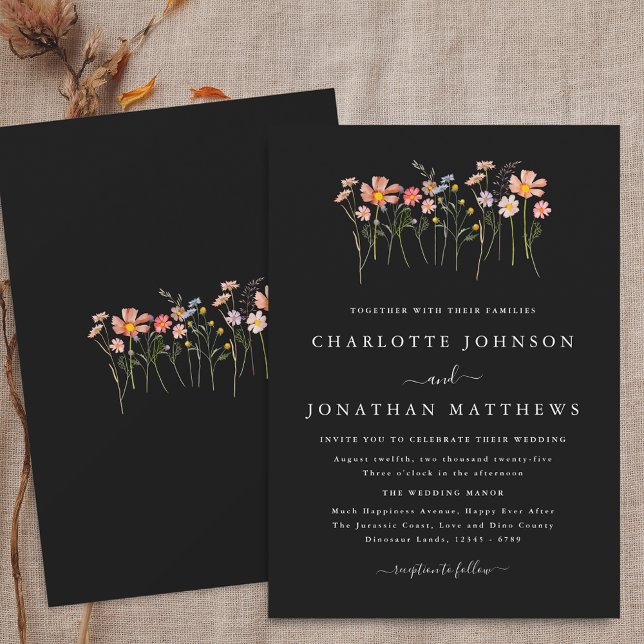 Simple Wildflower Fall Black & White Wedding Invitation (Boho fall Wildflower floral black and white Wedding invitation Minimalist watercolor autumn flowers)