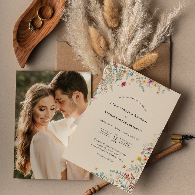 Simple Wildflower Fern Beige Wedding Photo Invitation (Creator Uploaded)
