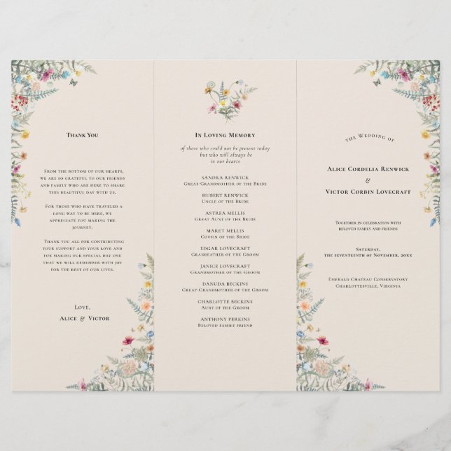Simple Wildflower Fern Beige Wedding Program Flyer (Front)