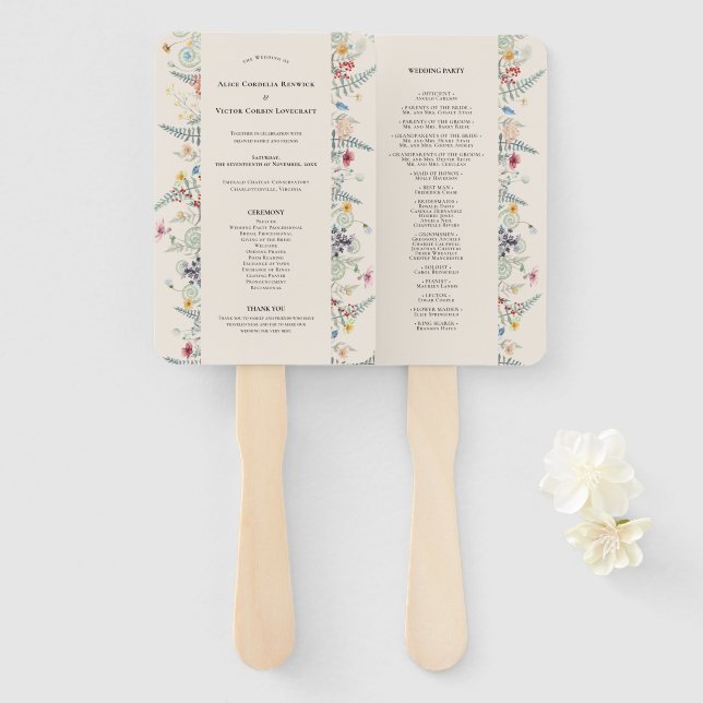 Simple Wildflower Fern Beige Wedding Program Hand Fan (Front and Back)