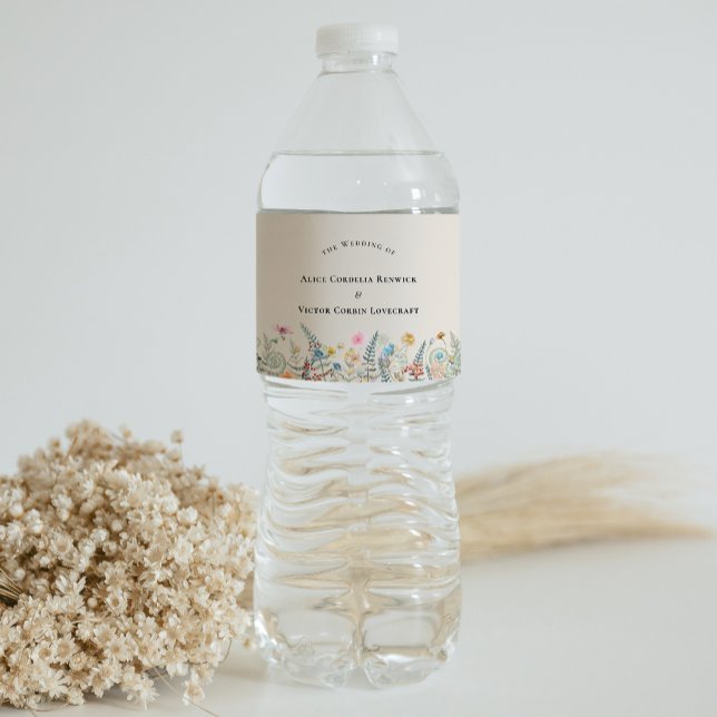 Simple Wildflower Fern Beige Wedding Water Bottle Label (Creator Uploaded)