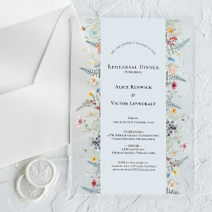 Simple Wildflower Fern Dusty Blue Rehearsal Dinner Acrylic Invitations