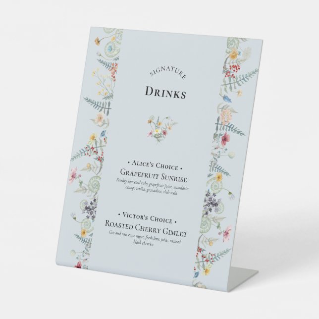 Simple Wildflower Fern Dusty Blue Signature Drinks Pedestal Sign (Front)