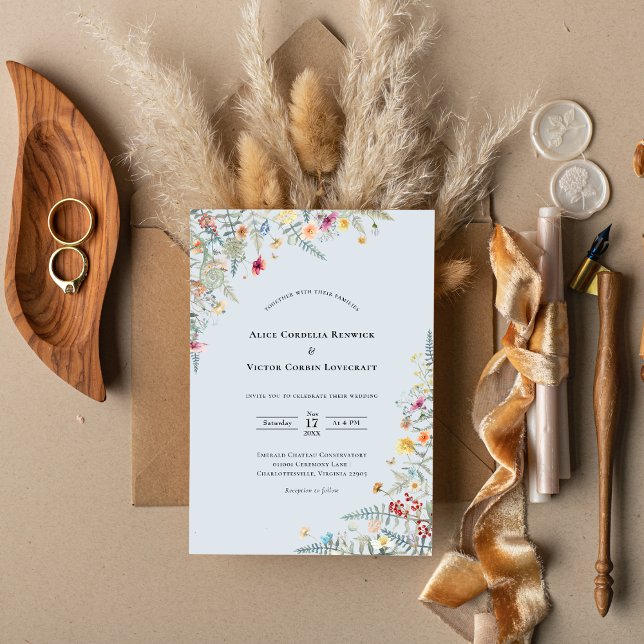 Simple Wildflower Fern Dusty Blue Wedding Invitation (Creator Uploaded)