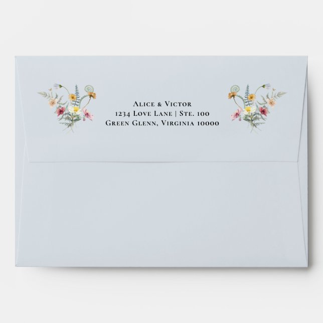 Simple Wildflower Fern Dusty Blue Wedding Mailing Envelope (Back (Top Flap))