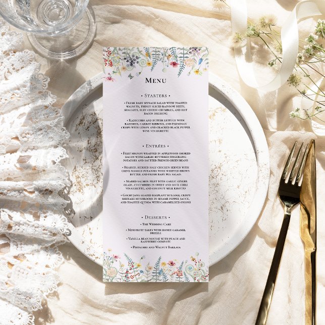 Simple Wildflower Fern Lavender Wedding Flat Menu (Creator Uploaded)