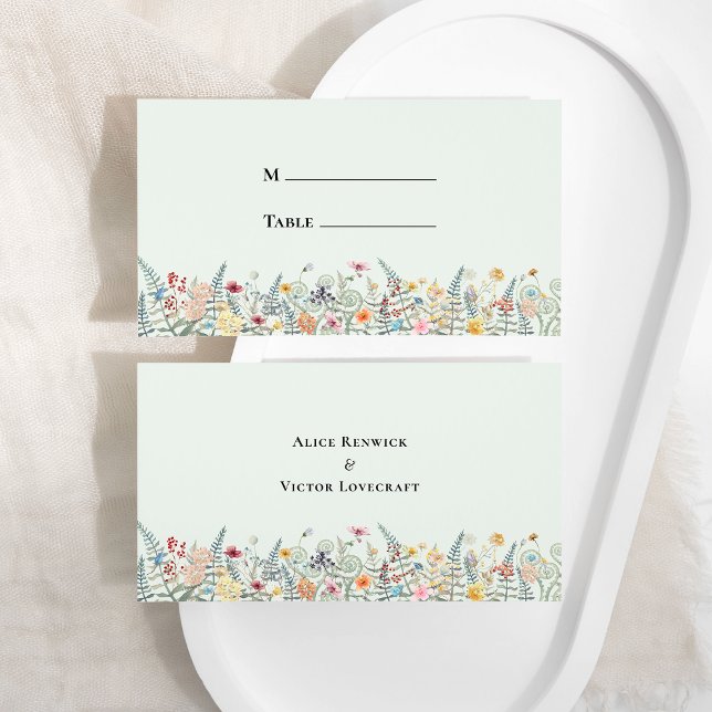 Simple Wildflower Fern Mint Green Wedding Flat Place Card (Creator Uploaded)