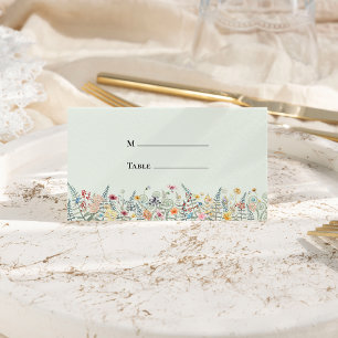 Simple Wildflower Fern Mint Green Wedding Folded Place Card