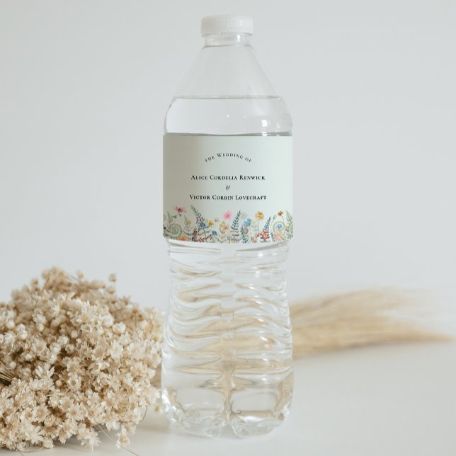 Simple Wildflower Fern Mint Green Wedding Water Bottle Label (Creator Uploaded)