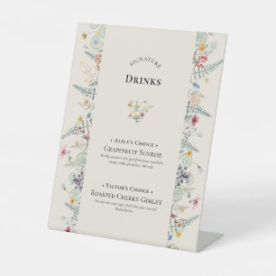 Simple Wildflower Fern Wedding Signature Drinks Pedestal Sign