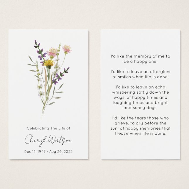 Simple Wildflower Funeral Memorial Prayer Card (Front & Back)
