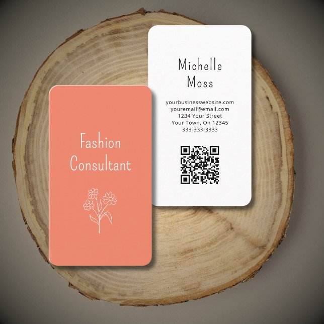 Simple Wildflower Illustration Boho Peach QR code Business Card (Creator Uploaded)